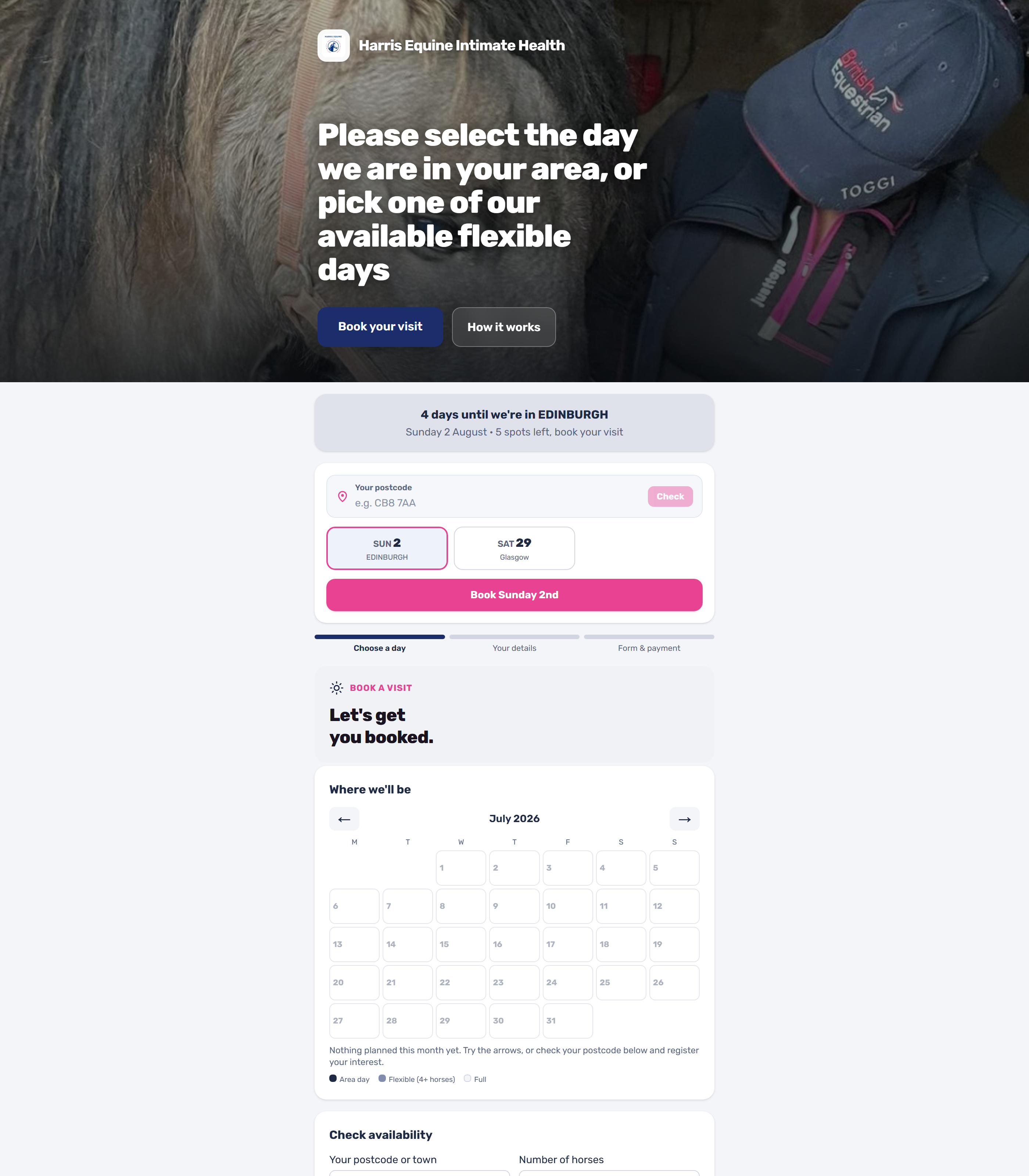 A branded YardLoop booking page: a client picks a service and a day the pro is already working their area, then books themselves in