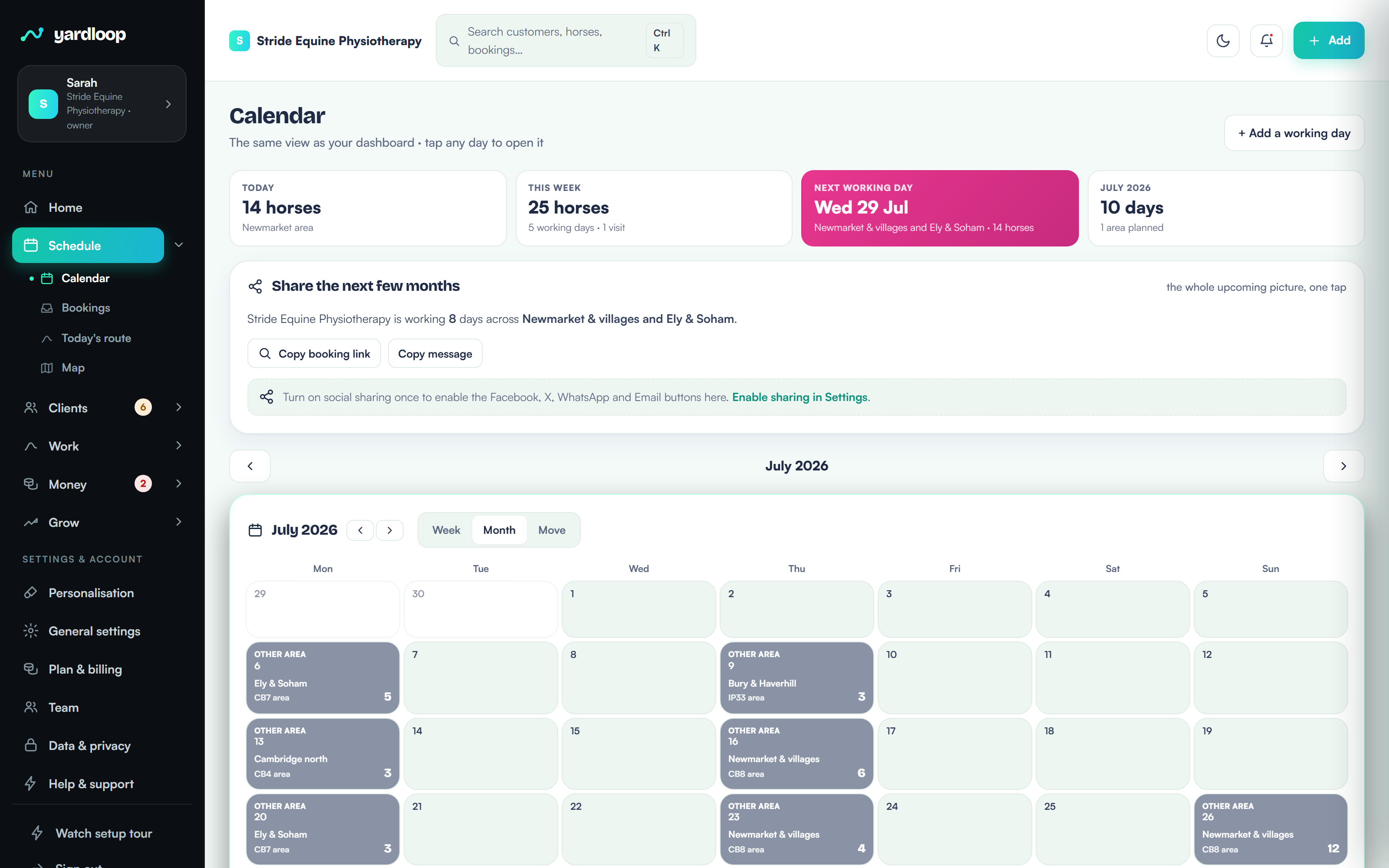 The YardLoop calendar: working days set by area, each one filling with nearby bookings