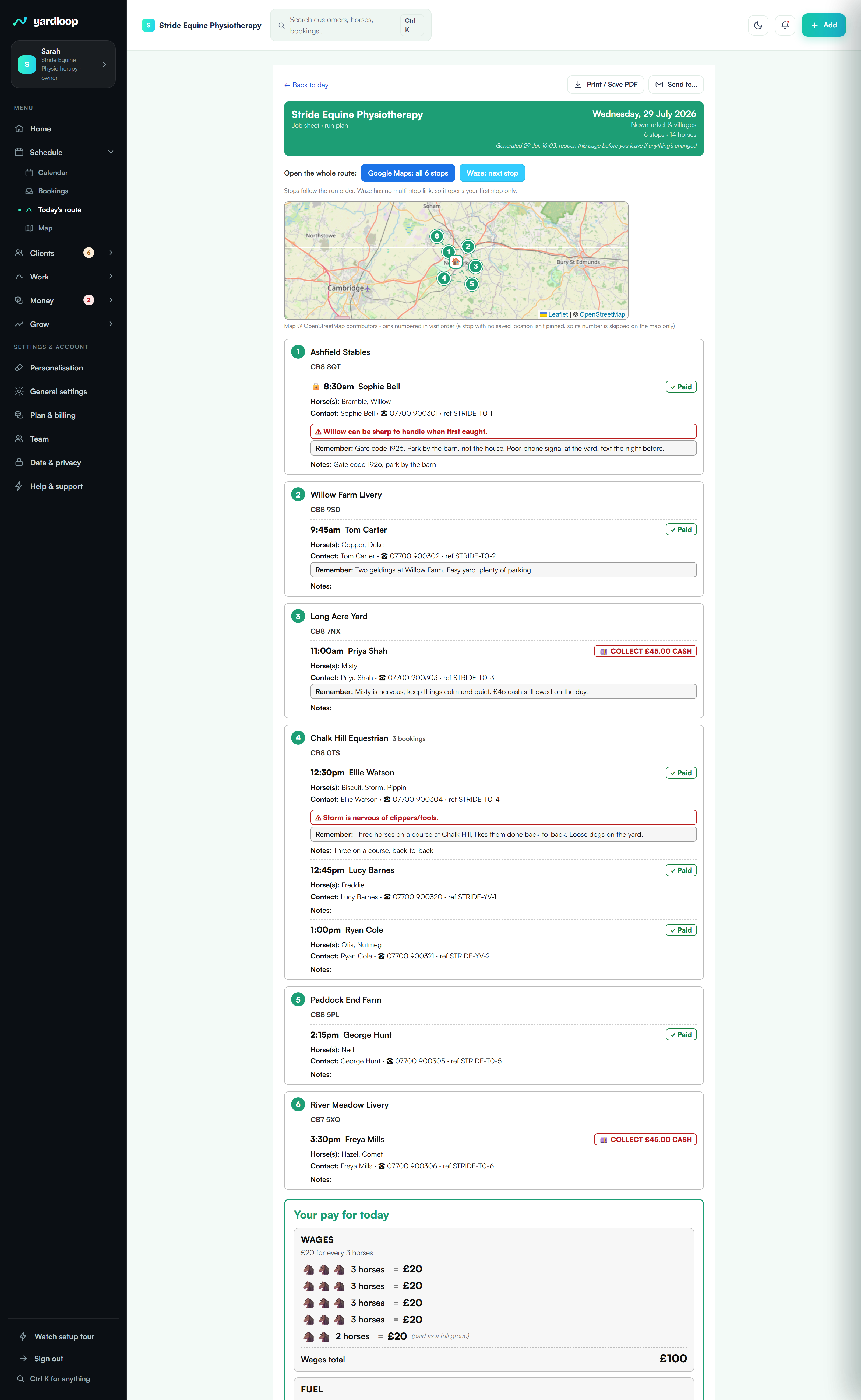 A YardLoop job sheet: the horse, client notes, price and travel, with wages and fuel worked out