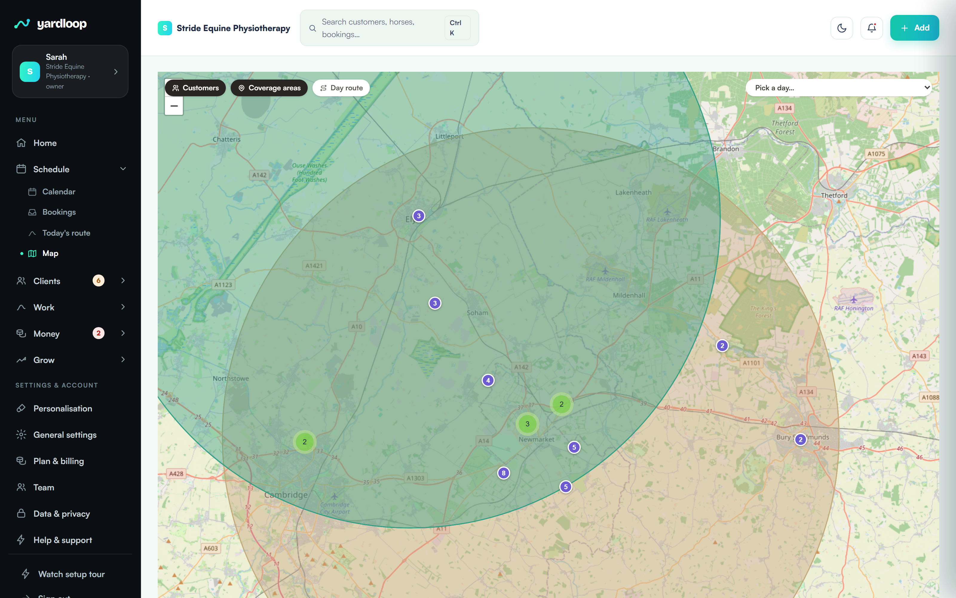The YardLoop map: every client and area day plotted across the pro's whole patch