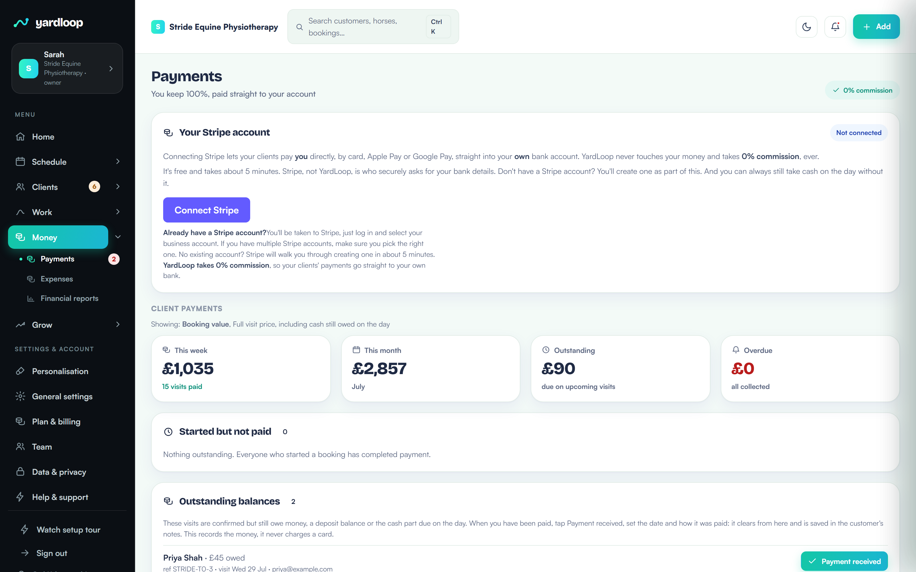 The YardLoop payments dashboard: deposits taken, balances due and payments received, all in one place