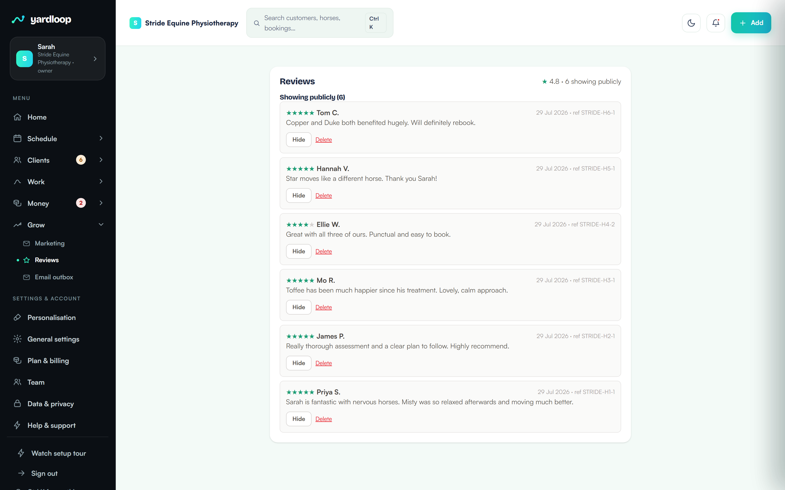 YardLoop reviews: star ratings collected after visits, with the approved ones shown on the booking page