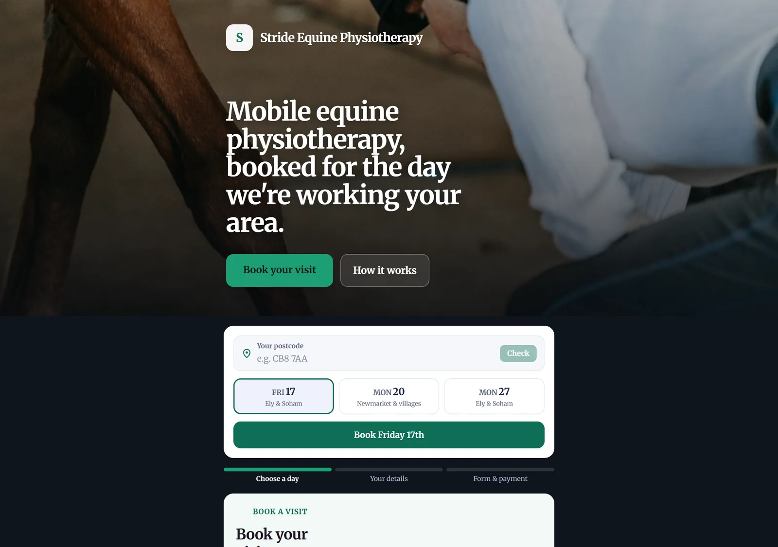A branded booking page: the pro's own name, colours and logo lead every screen, with only a small powered-by line